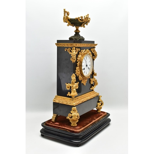 216 - A LATE 19TH CENTURY BLACK SLATE AND GILT METAL CHARLES FRODSHAM OF PARIS MANTEL CLOCK UNDER A GLASS ... 