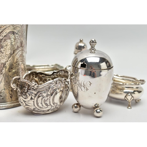 22 - A GROUP OF SILVER, comprising a Victorian silver mug of conical form, cast foliate handle, the body ... 