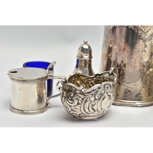22 - A GROUP OF SILVER, comprising a Victorian silver mug of conical form, cast foliate handle, the body ... 
