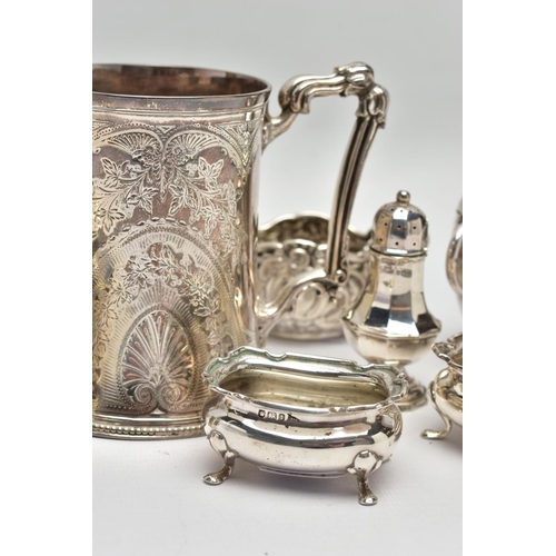 22 - A GROUP OF SILVER, comprising a Victorian silver mug of conical form, cast foliate handle, the body ... 