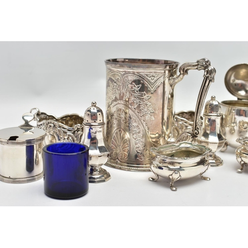 22 - A GROUP OF SILVER, comprising a Victorian silver mug of conical form, cast foliate handle, the body ... 