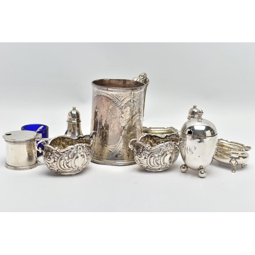 22 - A GROUP OF SILVER, comprising a Victorian silver mug of conical form, cast foliate handle, the body ... 