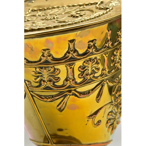 237 - A LATE VICTORIAN / EDWARDIAN NEO-CLASSICAL STYLE BRASS COAL SCUTTLE WITH TWIN HINGED LIDS, central t... 