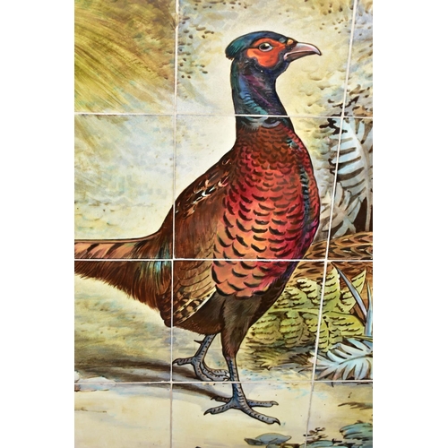 238A - AN EARLY 20TH CENTURY FORTY TWO TILE PANEL HAND PAINTED WITH COCK AND HEN PHEASANTS IN  A WOODLAND C... 