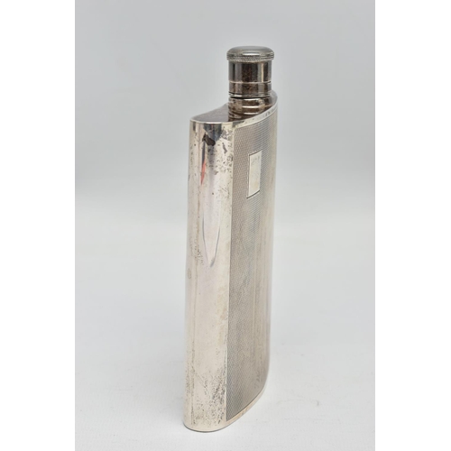26 - AN ELIZABETH II SILVER HIP FLASK OF BOWED RECTANGULAR FORM, fitted with a hinged bayonet cap with co... 