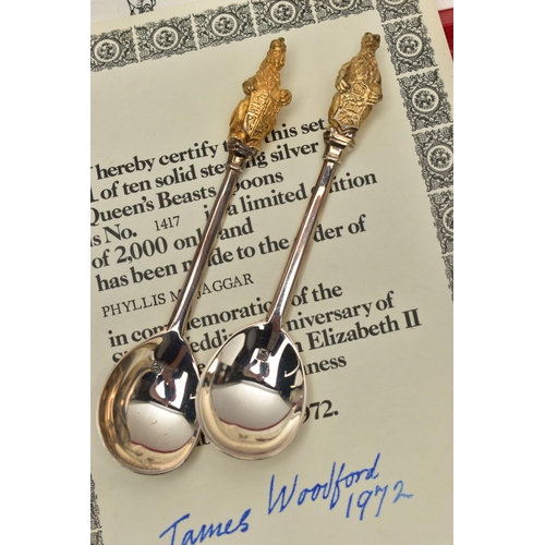 31 - A CASED SET OF ELIZABETH II SILVER LIMITED EDITION 'THE QUEEN'S BEASTS' SPOONS,  the ten spoons with... 