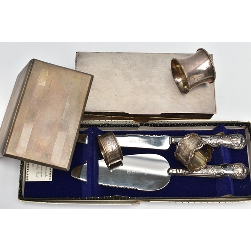 38 - A GEORGE VI SILVER RECTANGULAR CIGARETTE BOX AND SIX OTHER SILVER ITEMS, the cigarette box with engi... 