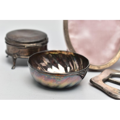 44 - A SMALL PARCEL OF SILVER, comprising a late Victorian buckle, plain with a wavy outline, maker's mar... 