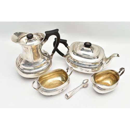 54 - A GEORGE V SILVER FOUR PIECE TEA SERVICE OF OVAL FORM, comprising tea pot, hot water/coffee jug, mil... 