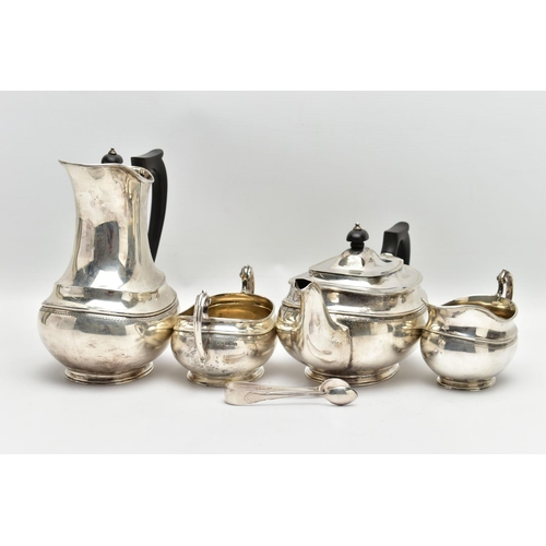 54 - A GEORGE V SILVER FOUR PIECE TEA SERVICE OF OVAL FORM, comprising tea pot, hot water/coffee jug, mil... 