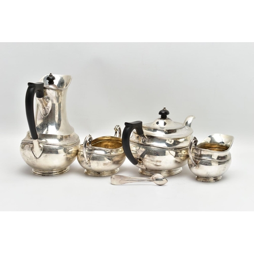 54 - A GEORGE V SILVER FOUR PIECE TEA SERVICE OF OVAL FORM, comprising tea pot, hot water/coffee jug, mil... 