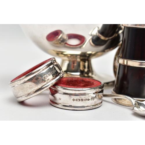 57 - A PAIR OF ELIZABETH II SILVER MOUNTED WOODEN SALT AND PEPPER GRINDERS, AN ELIZABETH II SILVER SAUCE ... 