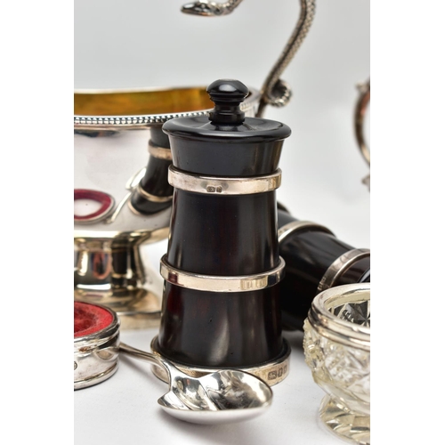 57 - A PAIR OF ELIZABETH II SILVER MOUNTED WOODEN SALT AND PEPPER GRINDERS, AN ELIZABETH II SILVER SAUCE ... 