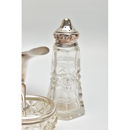 57 - A PAIR OF ELIZABETH II SILVER MOUNTED WOODEN SALT AND PEPPER GRINDERS, AN ELIZABETH II SILVER SAUCE ... 