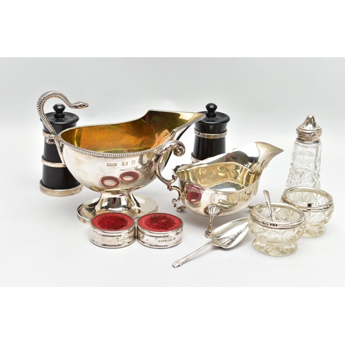 57 - A PAIR OF ELIZABETH II SILVER MOUNTED WOODEN SALT AND PEPPER GRINDERS, AN ELIZABETH II SILVER SAUCE ... 
