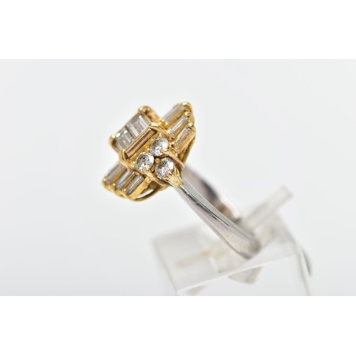 6 - A MODERN DIAMOND CLUSTER RING, set with two principal baguette cut diamonds, graduating baguette cut... 