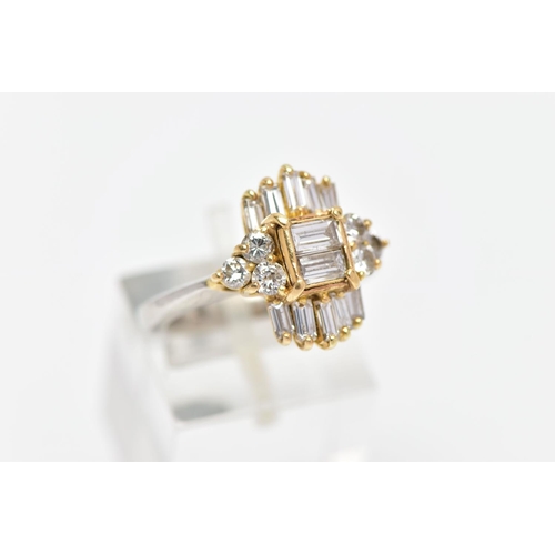 6 - A MODERN DIAMOND CLUSTER RING, set with two principal baguette cut diamonds, graduating baguette cut... 