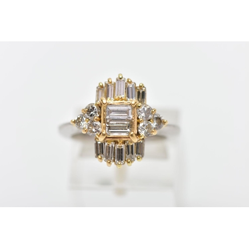 6 - A MODERN DIAMOND CLUSTER RING, set with two principal baguette cut diamonds, graduating baguette cut... 