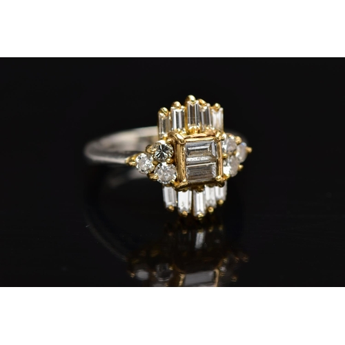 6 - A MODERN DIAMOND CLUSTER RING, set with two principal baguette cut diamonds, graduating baguette cut... 