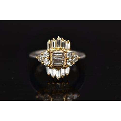 6 - A MODERN DIAMOND CLUSTER RING, set with two principal baguette cut diamonds, graduating baguette cut... 