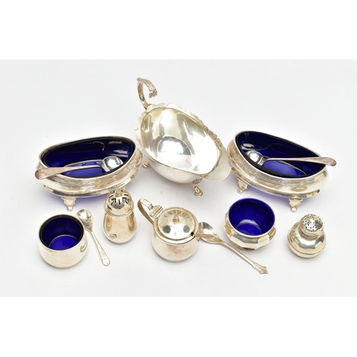 60 - A PAIR OF GEORGE V SILVER NAVETTE SHAPED SALTS, FOUR OTHER SILVER CRUET ITEMS, A GEORGE V SILVER SAU... 