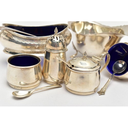 60 - A PAIR OF GEORGE V SILVER NAVETTE SHAPED SALTS, FOUR OTHER SILVER CRUET ITEMS, A GEORGE V SILVER SAU... 