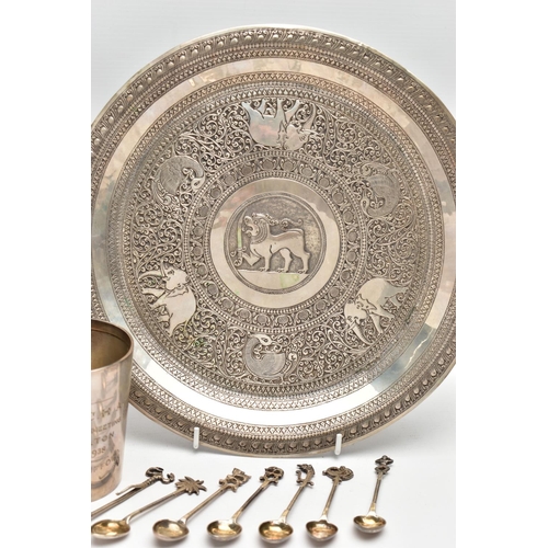 64 - A GEORGE VI SILVER MUG, AN INDIAN WHITE METAL TRAY AND SEVEN INDIAN WHITE METAL COFFEE SPOONS, the m... 