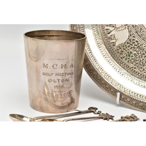 64 - A GEORGE VI SILVER MUG, AN INDIAN WHITE METAL TRAY AND SEVEN INDIAN WHITE METAL COFFEE SPOONS, the m... 