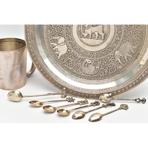 64 - A GEORGE VI SILVER MUG, AN INDIAN WHITE METAL TRAY AND SEVEN INDIAN WHITE METAL COFFEE SPOONS, the m... 