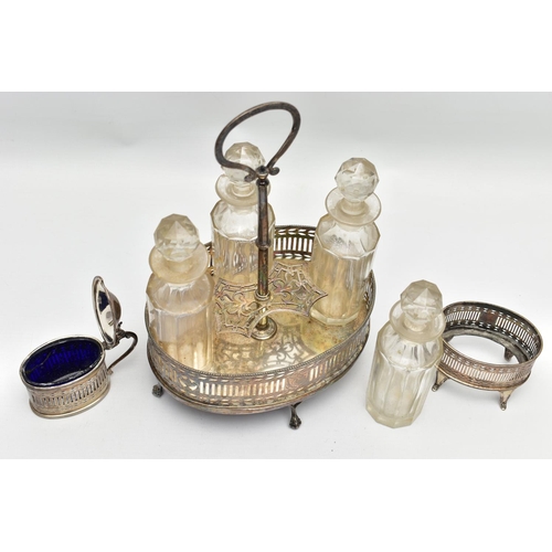 74 - A GEORGE III SILVER OVAL EIGHT BOTTLE CRUET FRAME, with chased and pierced gallery sides, engraved i... 