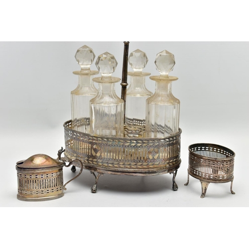 74 - A GEORGE III SILVER OVAL EIGHT BOTTLE CRUET FRAME, with chased and pierced gallery sides, engraved i... 