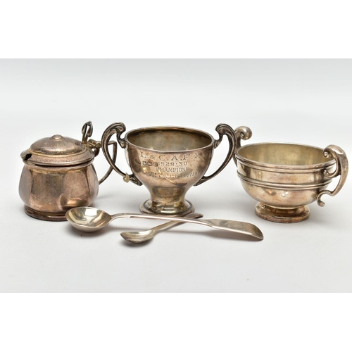 81 - A SMALL ASSORTMENT OF 19TH AND 20TH CENTURY SILVER, to include a cased condiment set, containing a s... 