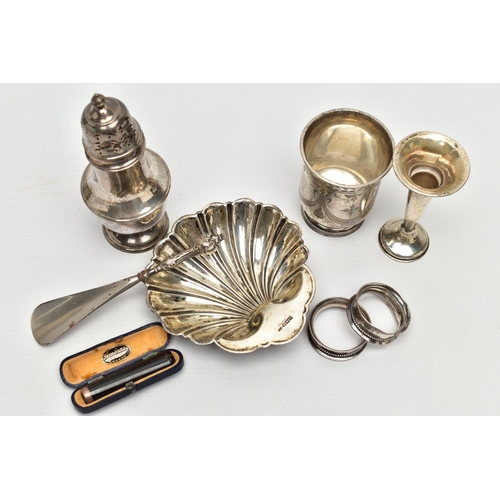 82 - A SMALL ASSORTMENT OF 20TH CENTURY 9CT AND SILVER, to include a cased rose gold rimmed cheroot, hall... 