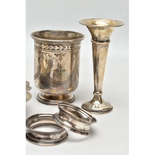 82 - A SMALL ASSORTMENT OF 20TH CENTURY 9CT AND SILVER, to include a cased rose gold rimmed cheroot, hall... 