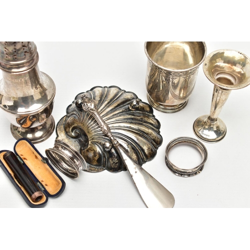 82 - A SMALL ASSORTMENT OF 20TH CENTURY 9CT AND SILVER, to include a cased rose gold rimmed cheroot, hall... 