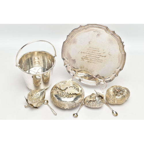 83 - AN ELIZABETH II SILVER SALVER, TOGETHER WITH EIGHT SILVER PLATED ITEMS, the silver salver with scall... 