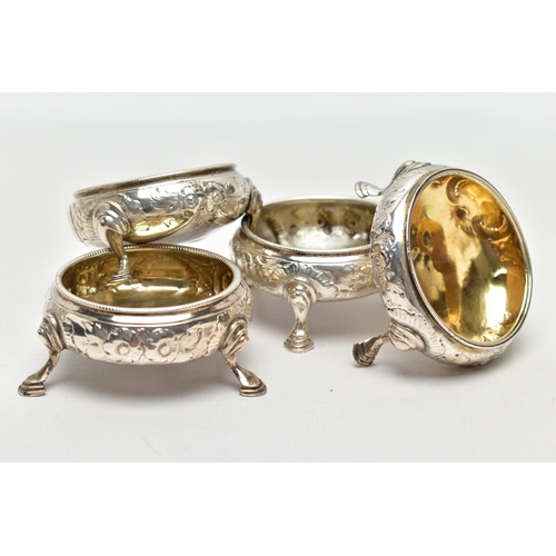 84 - A SELECTION OF 18TH AND 19TH CENTURY SILVER ITEMS, to include a group of four George III cauldron sa... 