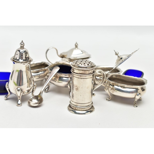 89 - A GROUP OF FOUR SILVER CRUET ITEMS, TOGETHER WITH A SMALL QUANTITY OF EPNS ITEMS, to include a late ... 