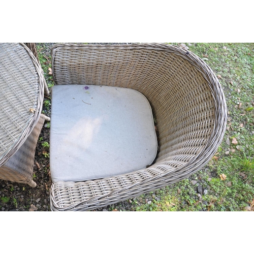 1006 - AN LG OUTDOOR RATTAN EFFECT GARDEN SET, to include a circular table, with a glass top, diameter 74cm... 