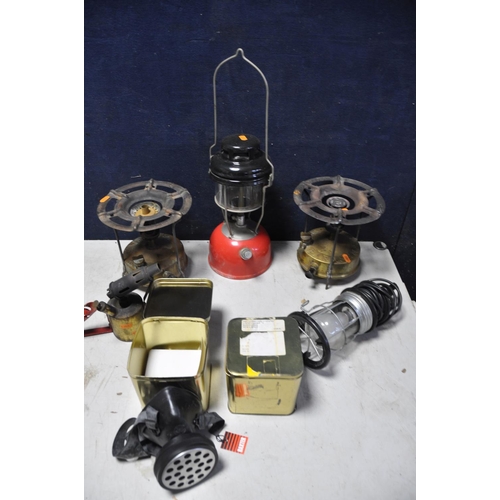 1067 - TWO VINTAGE PARASENE BRASS STOVES along with a gas lantern, electric clip on light (UNTESTED), a vin... 