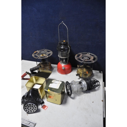 1067 - TWO VINTAGE PARASENE BRASS STOVES along with a gas lantern, electric clip on light (UNTESTED), a vin... 