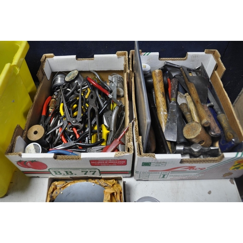 1069 - THREE TRAYS OF VINTAGE AND MODERN TOOLS to include scrapers, hammers, files, snips, pliers, solder, ... 