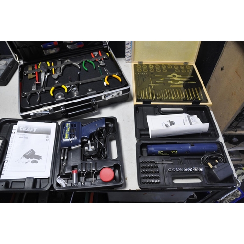 1070 - A SCREWFIX 51 PEICE TAP N DIE SET in original case, along with a Powercraft PSG150K soldering gun, P... 