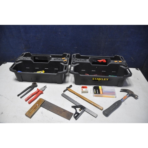 1098 - TWO STANLEY TUBS CONTAINING TOOLS to include screwdrivers, hammers, clips, saws etc