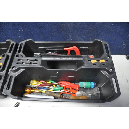 1098 - TWO STANLEY TUBS CONTAINING TOOLS to include screwdrivers, hammers, clips, saws etc