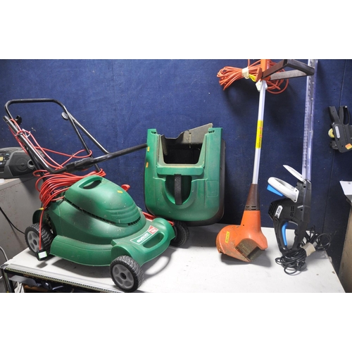 1099 - A QUALCAST POWERTRAK 400 LAWNMOWER with grass boss along with a Flymo MET250 strimmer and a Mac Alli... 