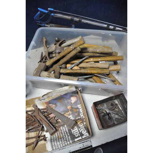 1100 - LARGE COLLECTION OF HAMMERS approximately 15 hammers along with some other antique drill bits and sn... 