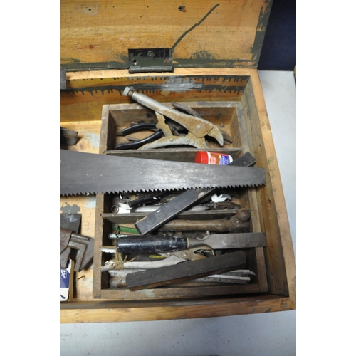 1103 - A BESPOKE WOODEN TOOLCHEST to include vintage tools saws, planes, grips, chisels etc