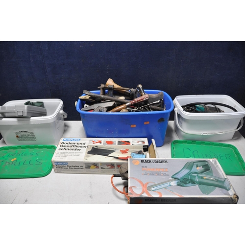 1115 - THREE TUBS OF TOOLS to include Black and Decker PowerFile, Bosch jigsaw, Bosch jigsaw, Atlas AC109 a... 