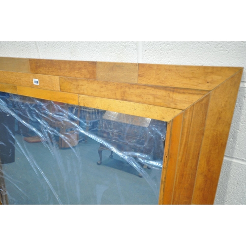 1206 - A LARGE RECLAIMED HARDWOOD WALL MIRROR, made up of multiple strips to the frame, 135cm x 135cm